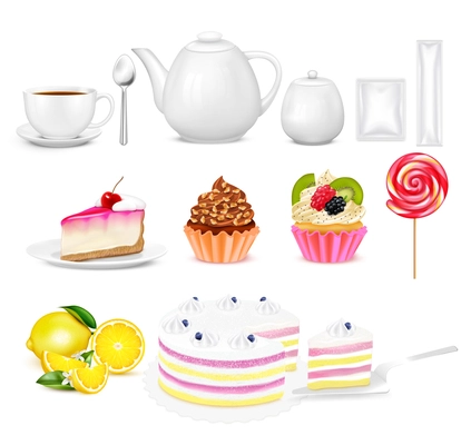 Tea big set of realistic icons with images of teapot cups lemon and various sweet cakes vector illustration