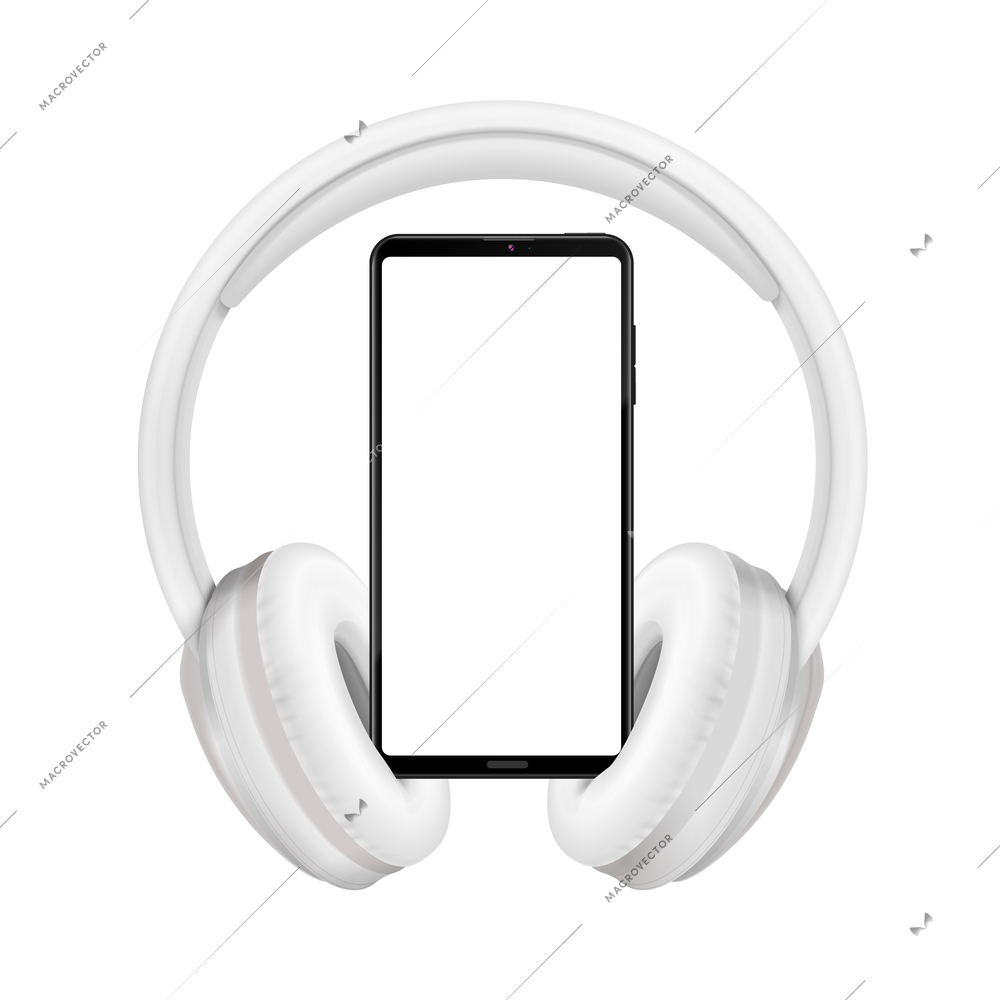 Headphones wireless realistic composition with isolated image of blank screen smartphone between cushions of wearable phones vector illustration