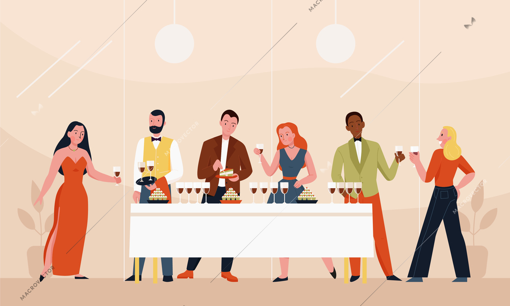Mass event buffet banquet flat background with men and women drinking wine and having snacks vector illustration