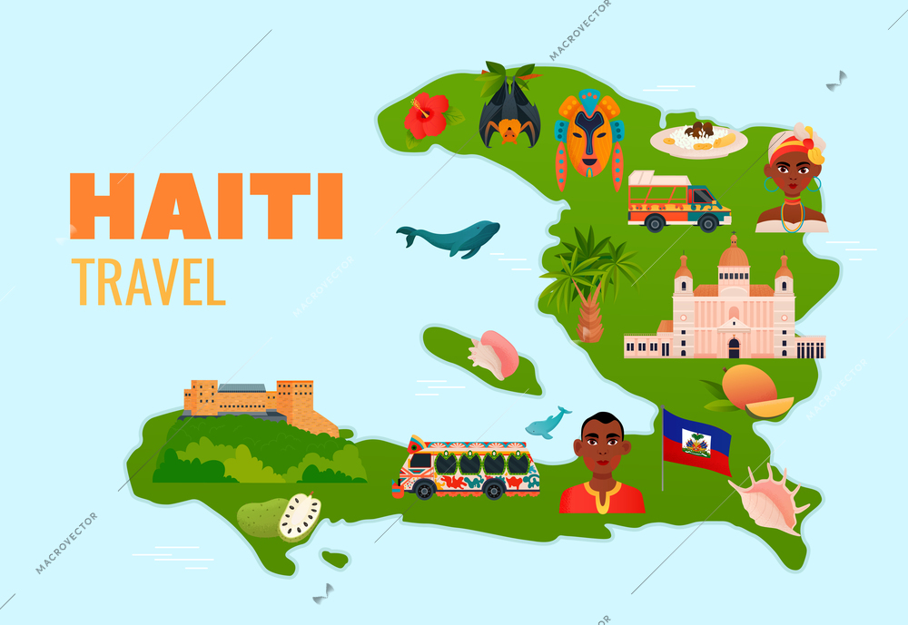 Haiti travel poster with flat haitian culture symbols on map vector illustration