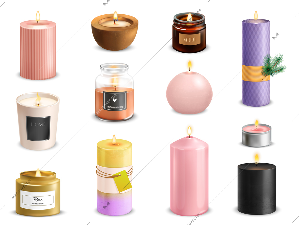 Realistic set of twelve burning scented candles of various design isolated on white background vector illustration