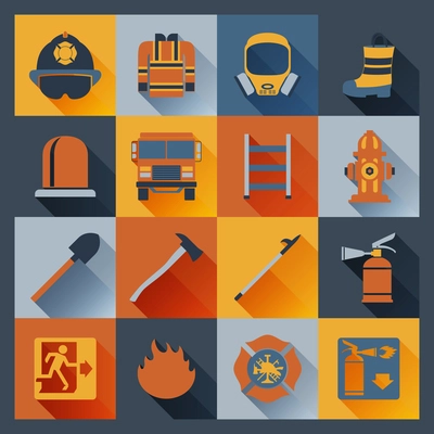 Firefighter flat icons set with badge ladder hat alarm equipment isolated vector illustration