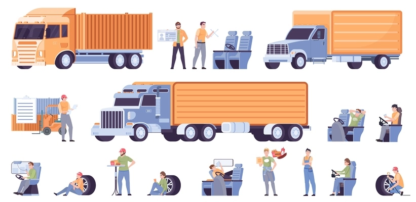 Truck driver set with service and delivery symbols flat isolated vector illustration