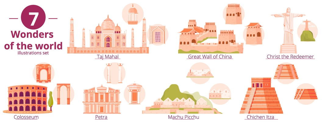 World wonders set with sights symbols flat isolated vector illustration