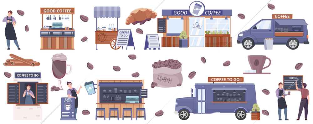 Coffee to go cafe set with takeaway symbols flat isolated vector illustration