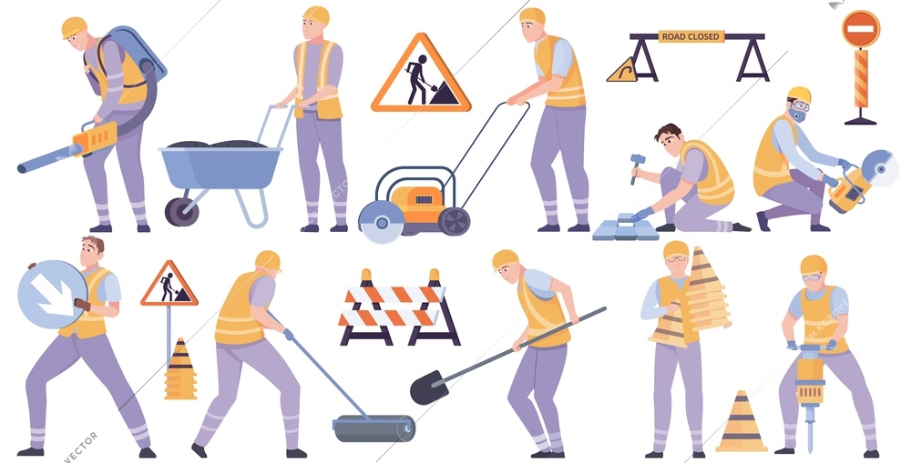 Road surface worker set with asphalt technology symbols flat isolated vector illustration