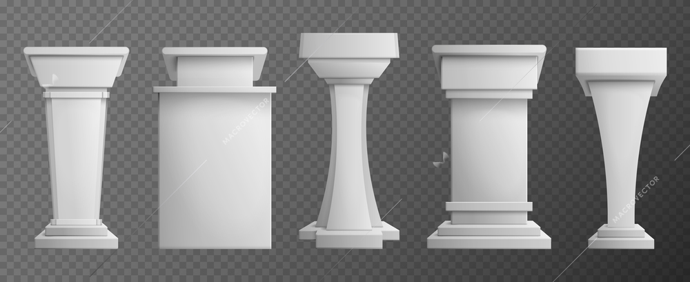 White realistic debate podium set for business presentation or conference on transparent background isolated vector illustration