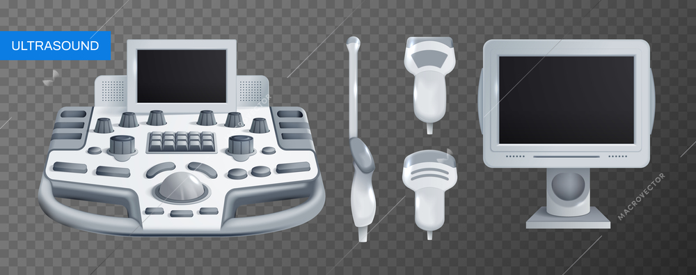 Ultrasonic device and its components on transparent background isolated set realistic vector illustration