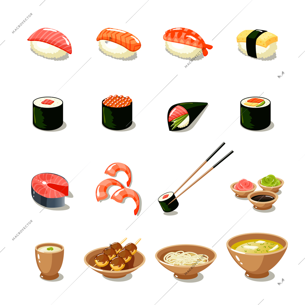 Asia food icon set with sushi rolls sashimi noodle miso isolated vector illustration