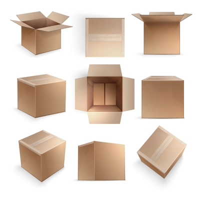 Realistic cardboard set of nine boxes opened closed top and side view isolated on white background vector illustration