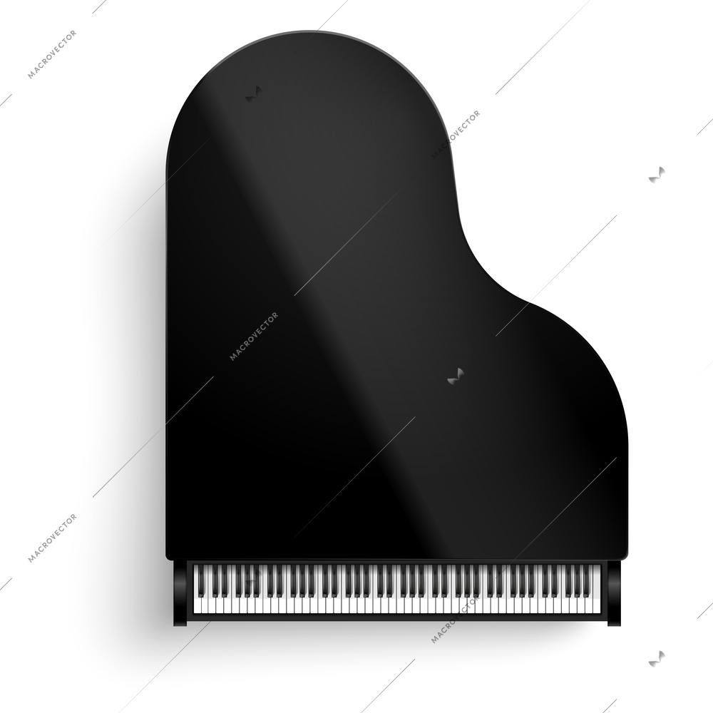 Top view of classical black grand piano with open keyboard on white background isolated vector illustration