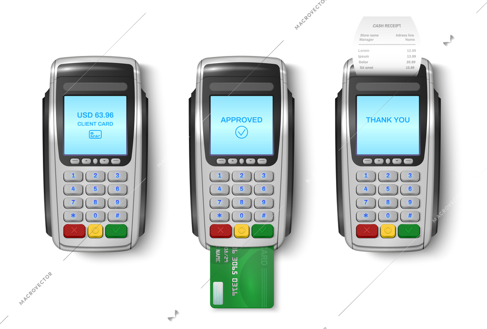 Realistic acquiring bank POS set isolated vector illustration