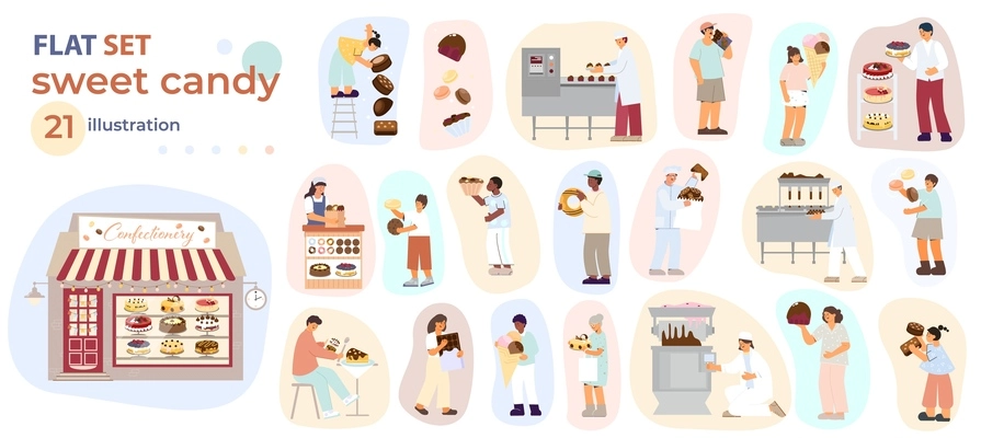 Sweet candy set of flat isolated compositions with icons of confectionery products cooking and eating people vector illustration