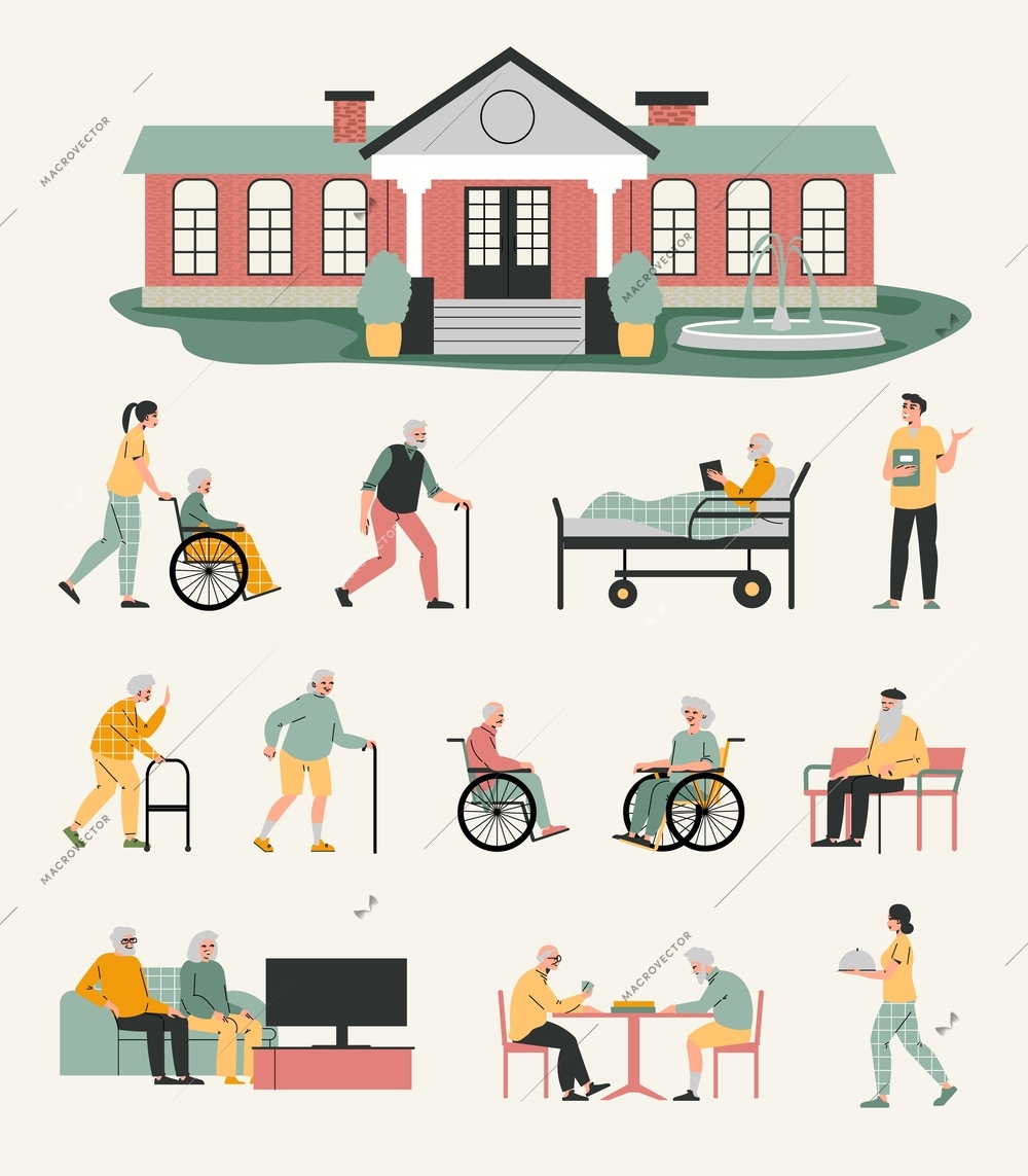 Nursing home flat color set of with residents meeting indoor and outdoor for communication and leisure isolated vector illustration