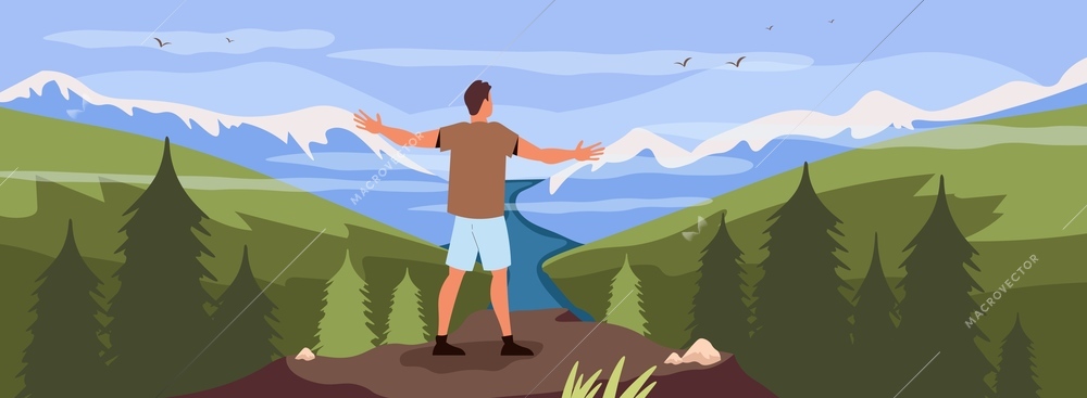 People relax flat illustration with man standing on mountain top looking at view vector illustration