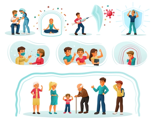 Coronavirus vaccination cartoon compositions set with happy protected vaccinated people of different ages and sick man isolated vector illustration