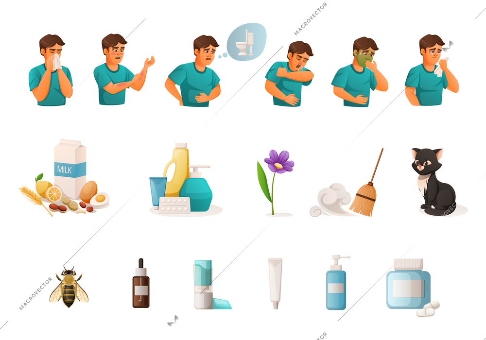 Cartoon set of allergy symptoms allergens and treatment isolated on blank background vector illustration