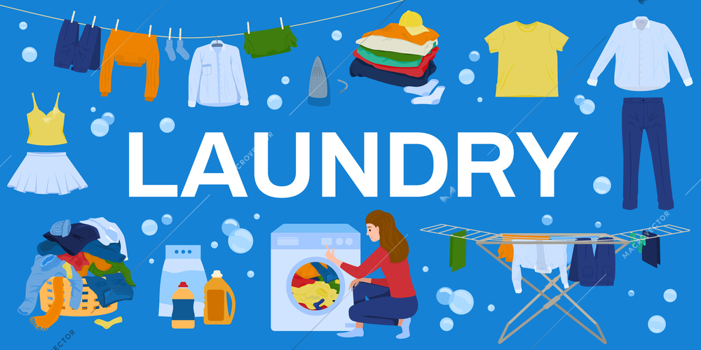 Laundry clothes flat composition with text surrounded by isolated icons of detergents washing machines and fabric vector illustration