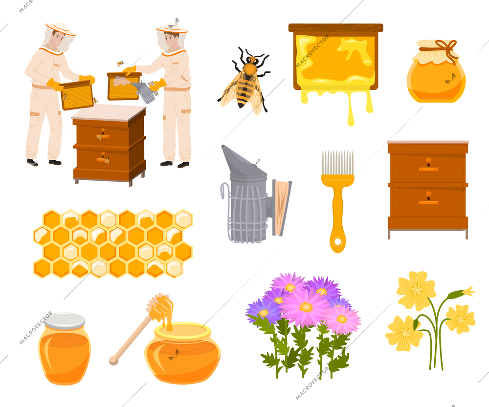 Beekeeping flat set with isolated colorful icons of flowers honey in cans and various beekeepers stuff vector illustration