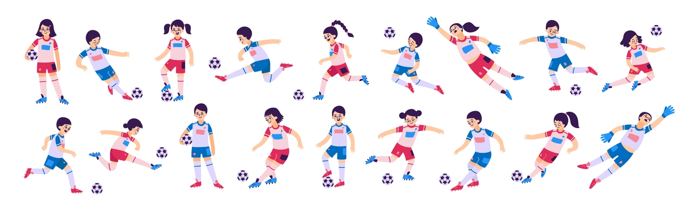 Football children team set with flat characters of boys and girls in different poses with ball during game isolated vector illustration