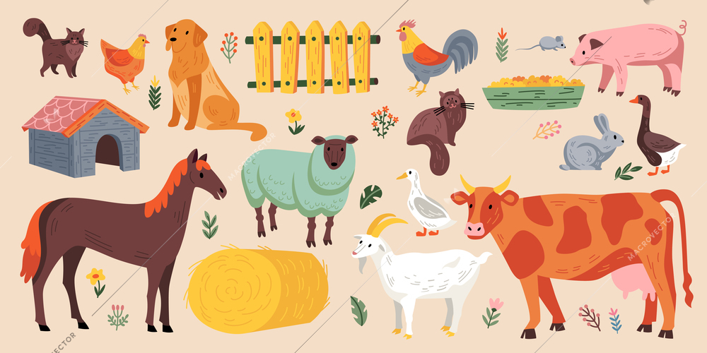 Flat set of farm objects and domestic animals with cattle birds and pets isolated on color background vector illustration