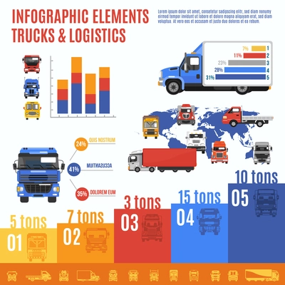 Truck infographic set with delivering and shipping transport and charts vector illustration