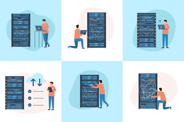 System administrator flat set of square isolated compositions with doodle characters of programmers and server racks vector illustration