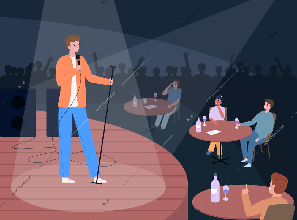 Stand up comedy show open microphone flat composition with view of club stage with guest tables vector illustration