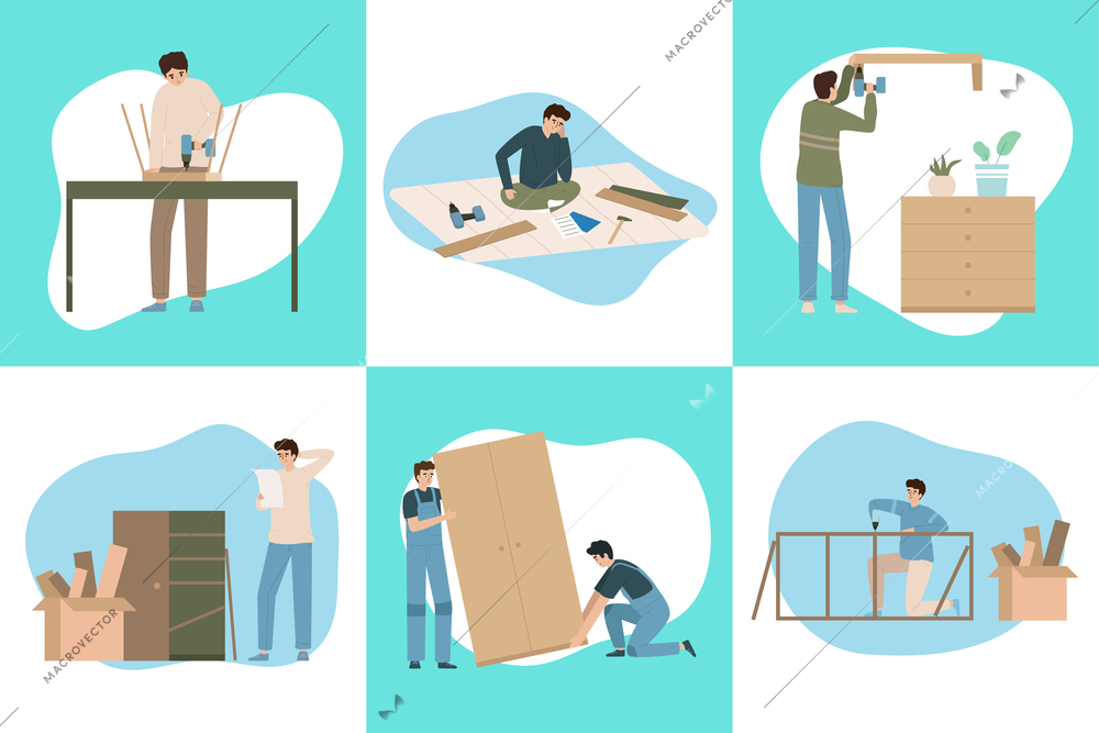 Set with square furniture assembly flat compositions with human characters holding scheme moving parts of cabinet vector illustration
