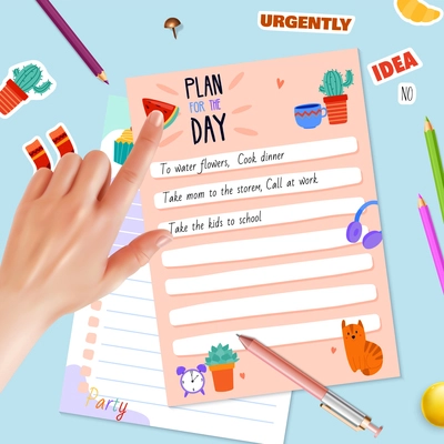 Realistic planner pages with stationery stickers and human hand on blue background vector illustration
