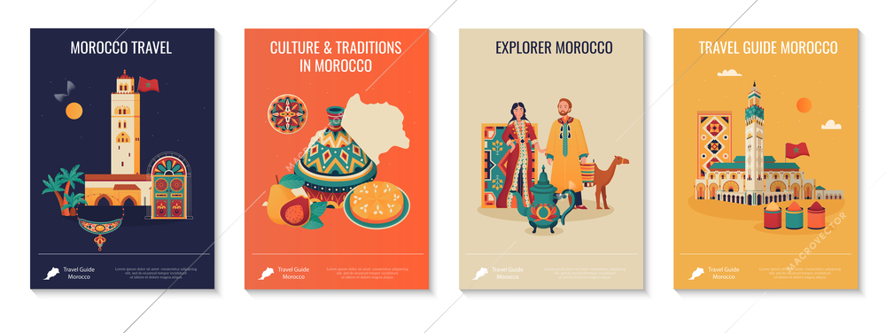 Set of four travel morocco guide posters in flat style with country sights cuisine people carpets pottery camel isolated vector illustration