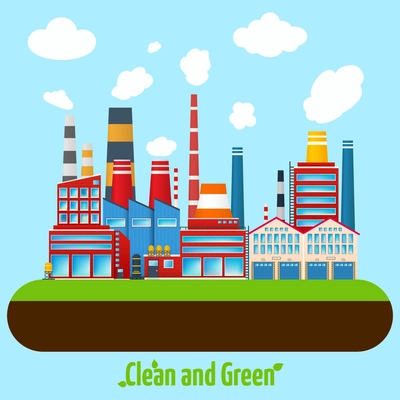 Clean and green manufacturing modern industry factory buildings poster vector illustration