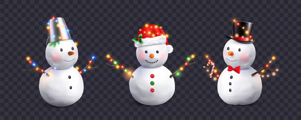 Realistic set of three snowman in Christmas decoration on transparent background isolated vector illustration