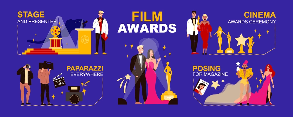 Celebrities infographic set with awards and paparazzi symbols flat vector illustration