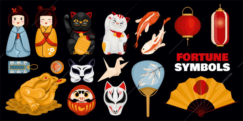 Japanese fortune symbols set with isolated icons of masks mascots and souvenirs on black background vector illustration