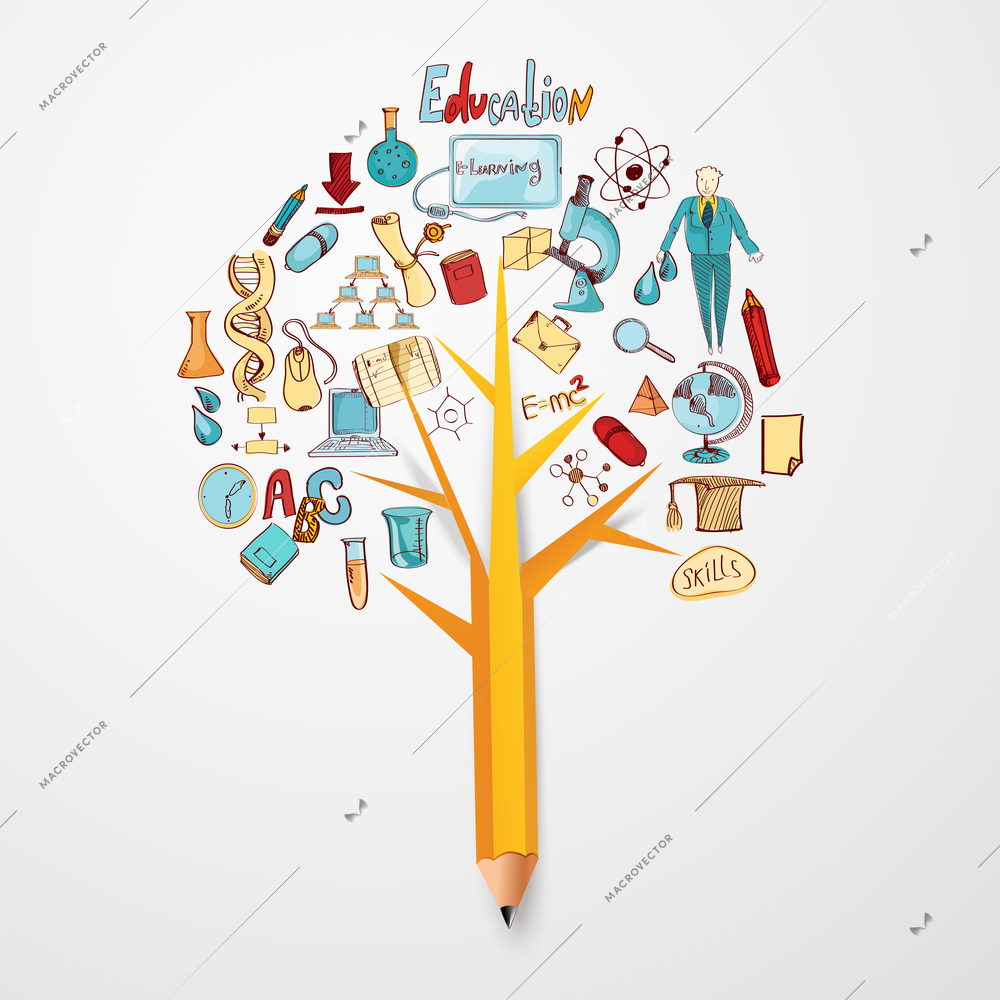 Education doodle concept with research science school icons on pencil tree vector illustration