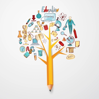 Education doodle concept with research science school icons on pencil tree vector illustration