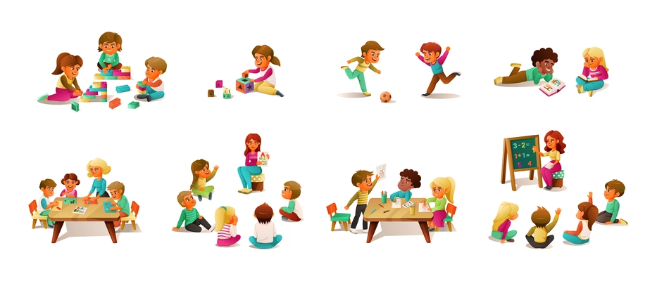 Kindergarten cartoon color set of adult and children spending time together in games and classes isolated vector illustration