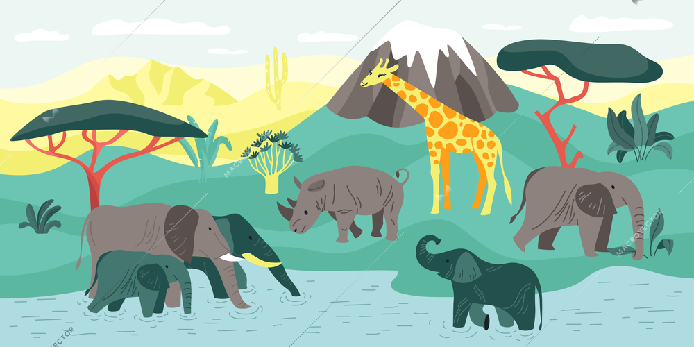 Biological hierarchy composition of wild landscape with exotic plants trees and elephants with giraffe and rhinoceros vector illustration