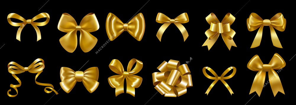 Different shape gold bows tied with silky ribbon for decorating luxury gift isolated set on black background realistic vector illustration