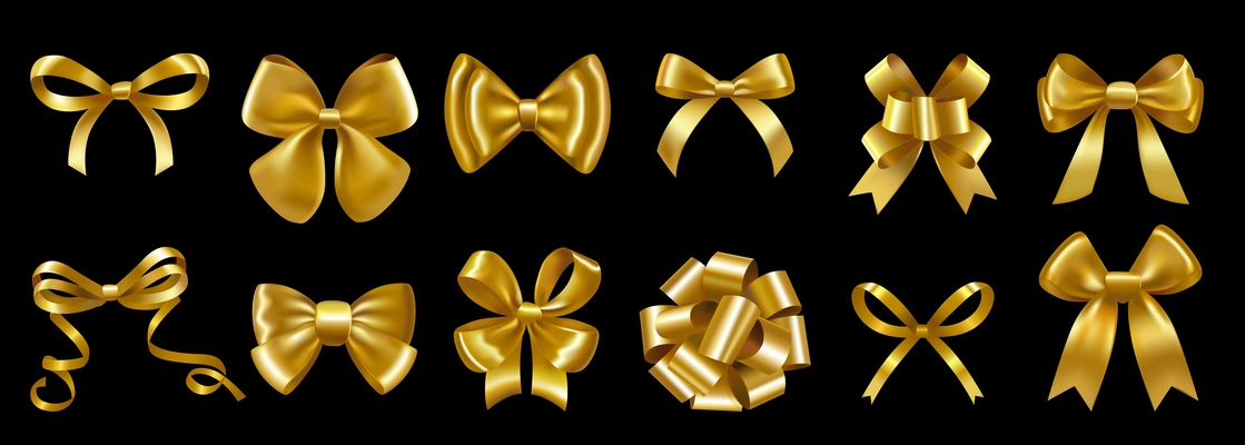 Different shape gold bows tied with silky ribbon for decorating luxury gift isolated set on black background realistic vector illustration