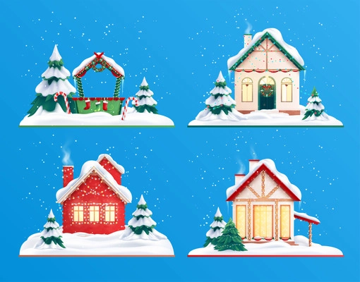 2x2 set of isolated christmas houses with snow banks fir trees and decorated buildings with chimneys vector illustration