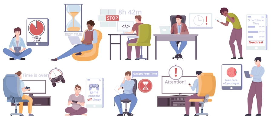 Screen time limit control flat set with people using various gadgets isolated vector illustration