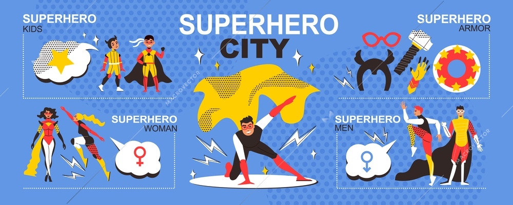 Superhero city infographics layout with flying adults and kids dressed in costumes  armor and mantle flat vector illustration