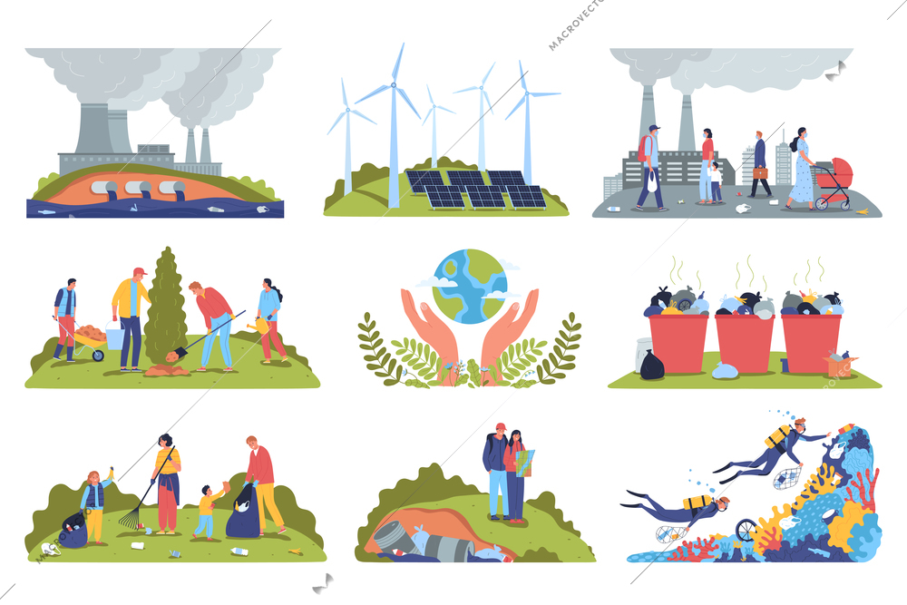 Set of nine isolated ecology air and water pollution compositions with human characters of activists volunteers vector illustration