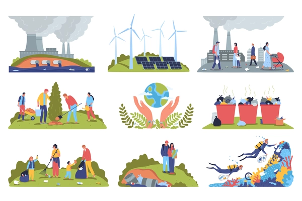 Set of nine isolated ecology air and water pollution compositions with human characters of activists volunteers vector illustration