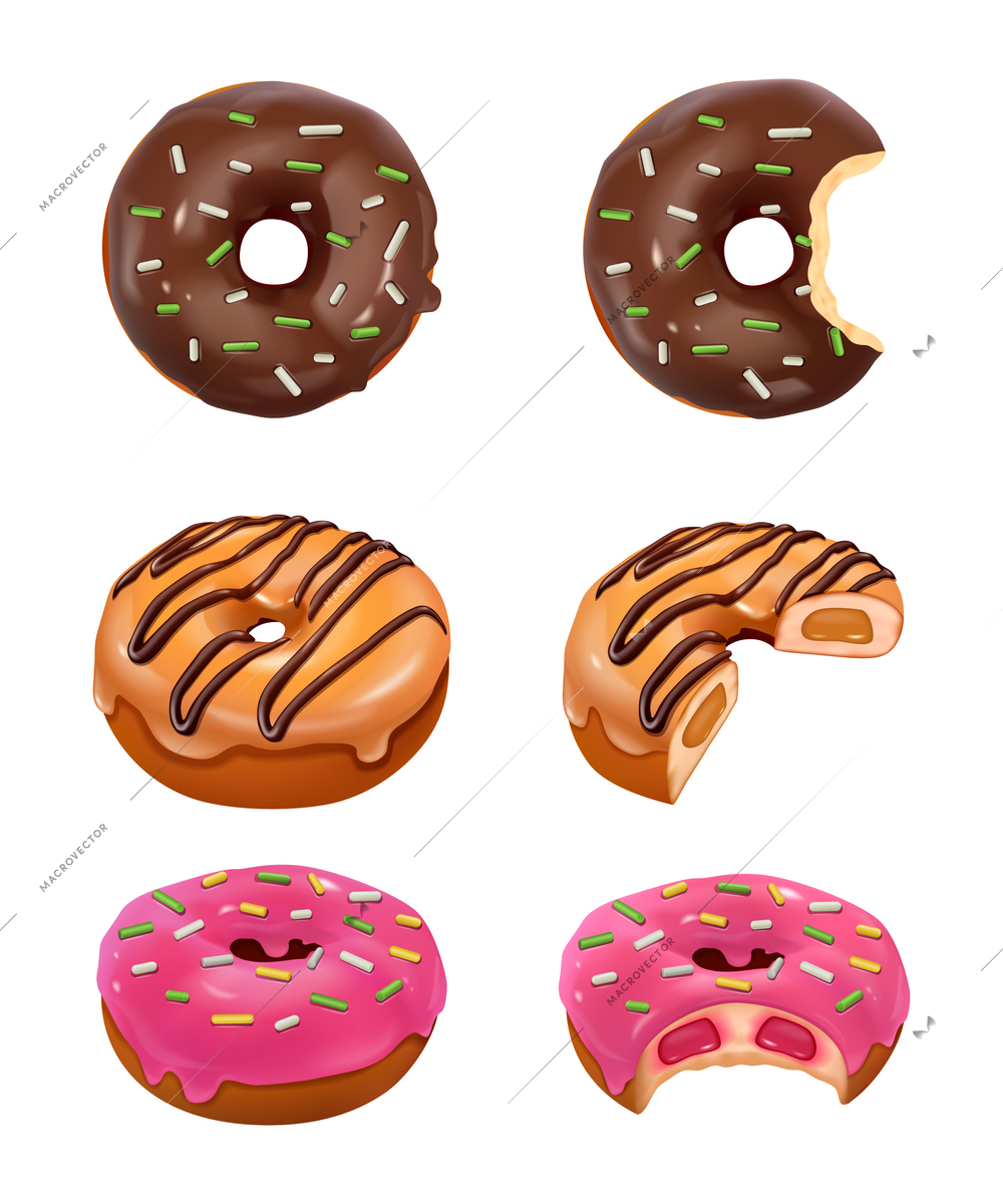 Whole and  bitten off donuts realistic set with chocolate and pink glaze and colored sprinkles isolated vector illustration