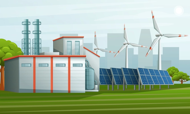 Renewable energy sources colored  composition with industrial buildings near wind turbines and solar energy panels flat vector illustration