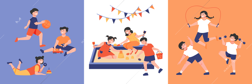 Kindergarten design concept with three square compositions of little children playing with toys and doing sports vector illustration