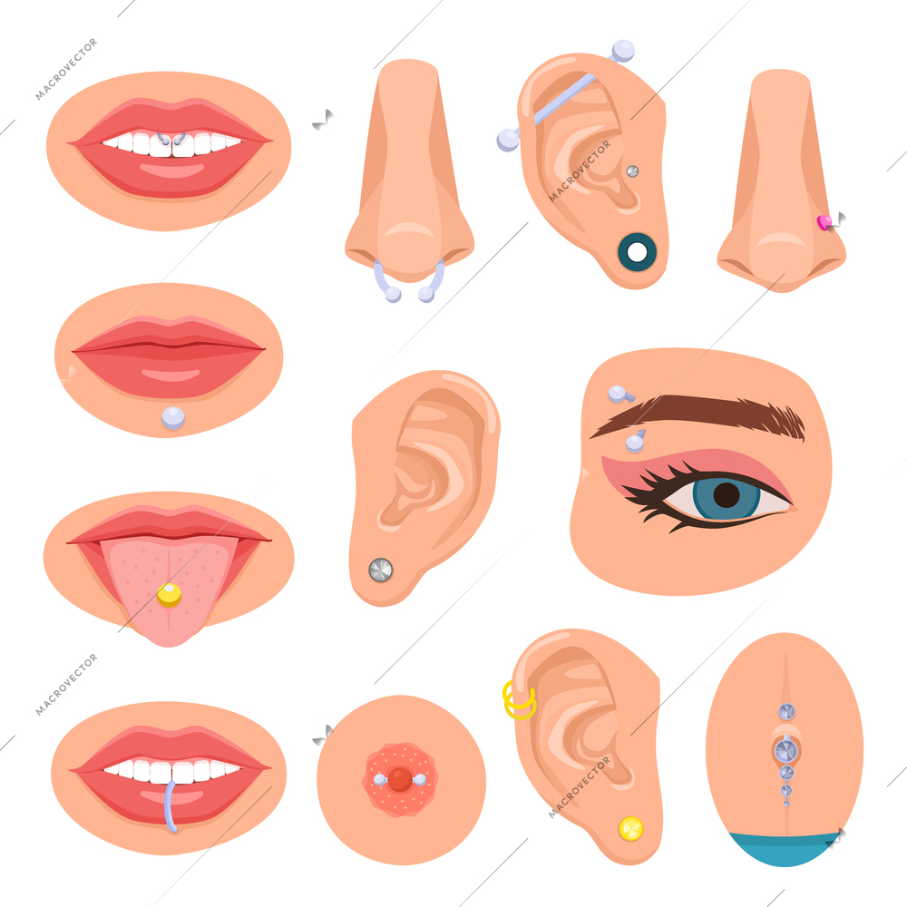 Piercing body flat set of isolated icons with parts of human body being pierced with jewelry vector illustration